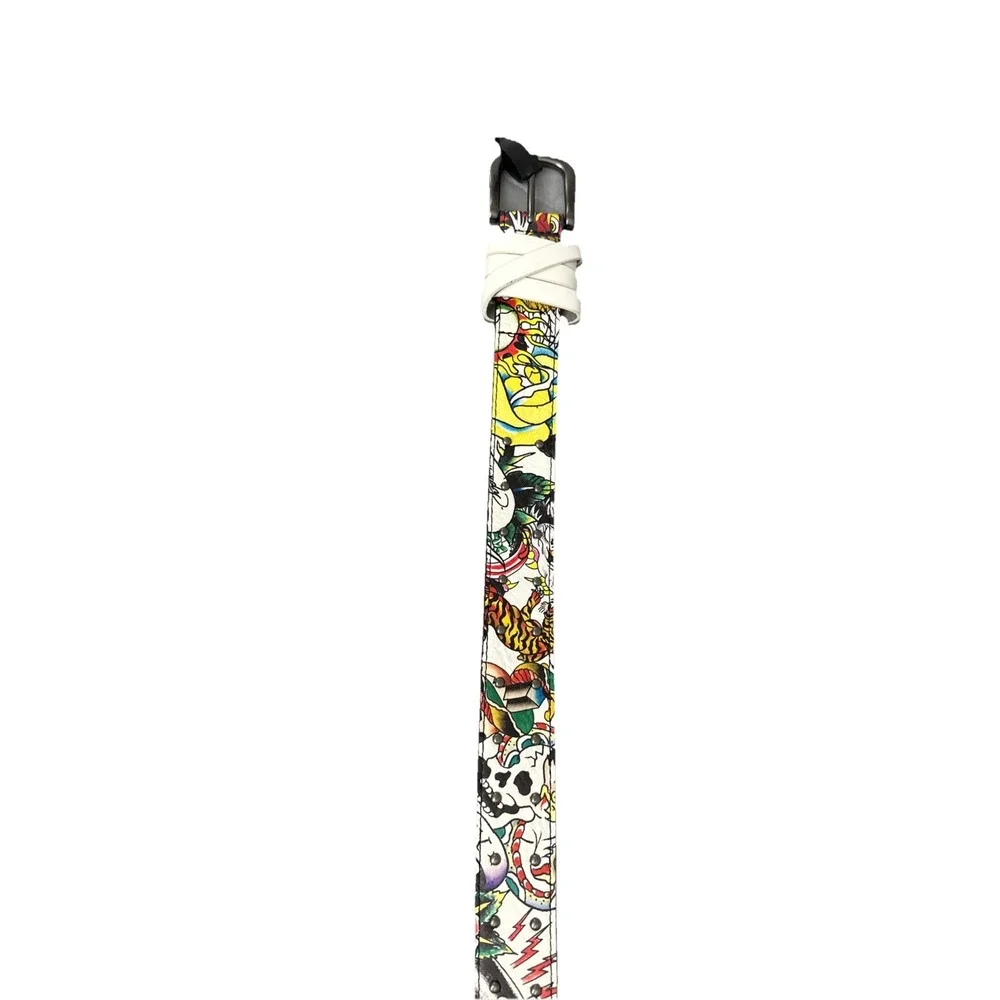 Ed Hardy Men's Skull Tiger Panther Print Belt With Hammered Rivet Studs SZ 42 NW